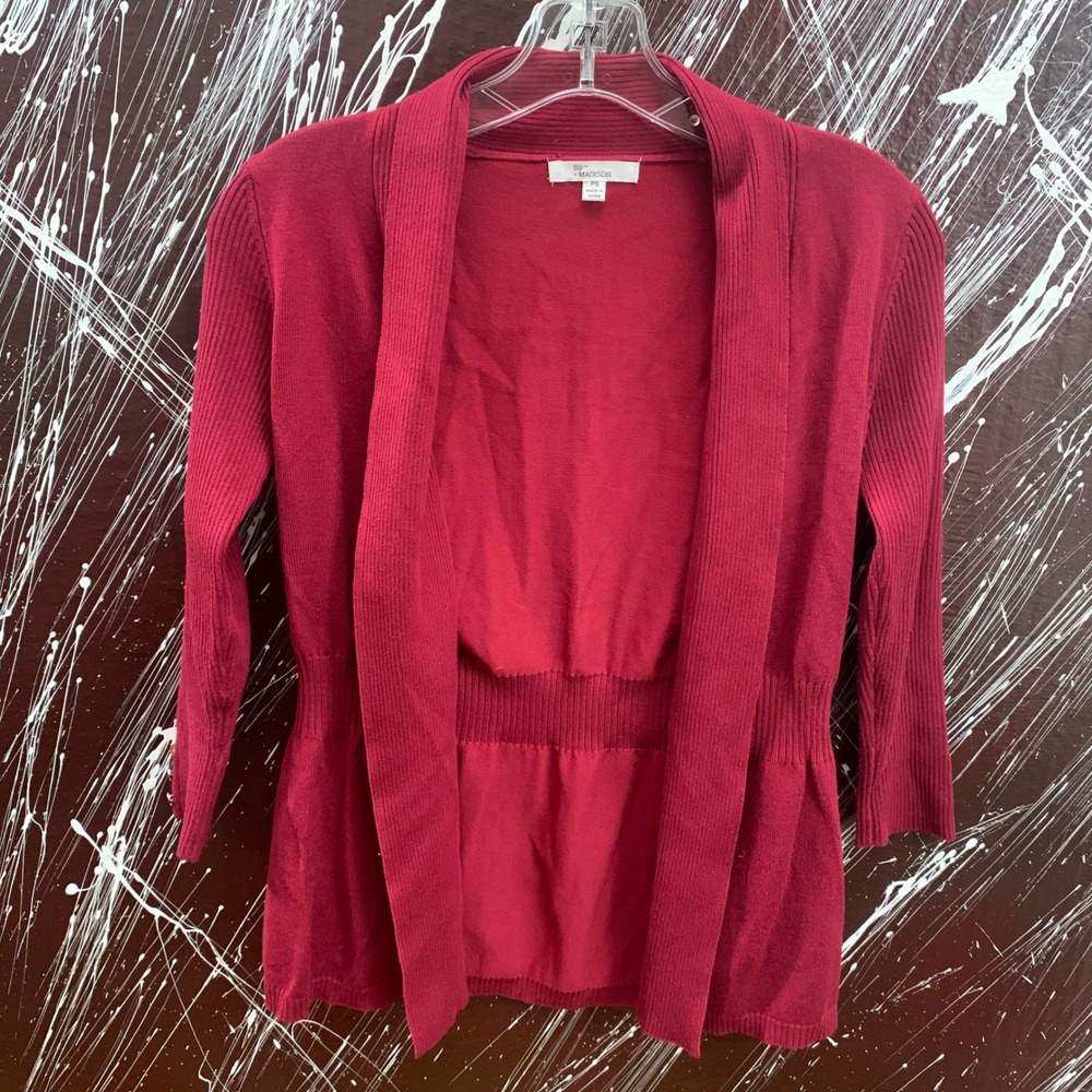 89th + Madison Red Open Front Cardigan Ribbed Waist 3/4 Sleeve Vintage PS